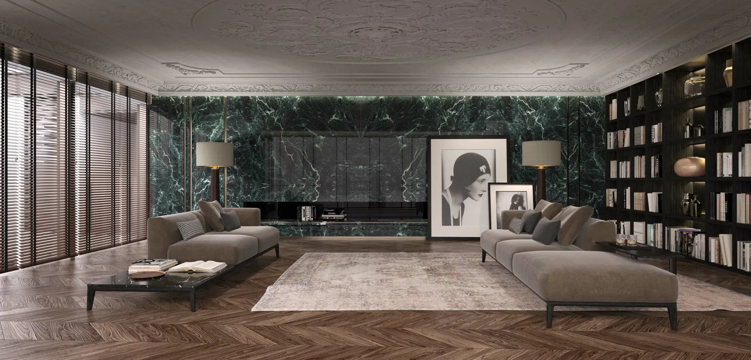 Luxury living room with green marble wall and herringbone flooring